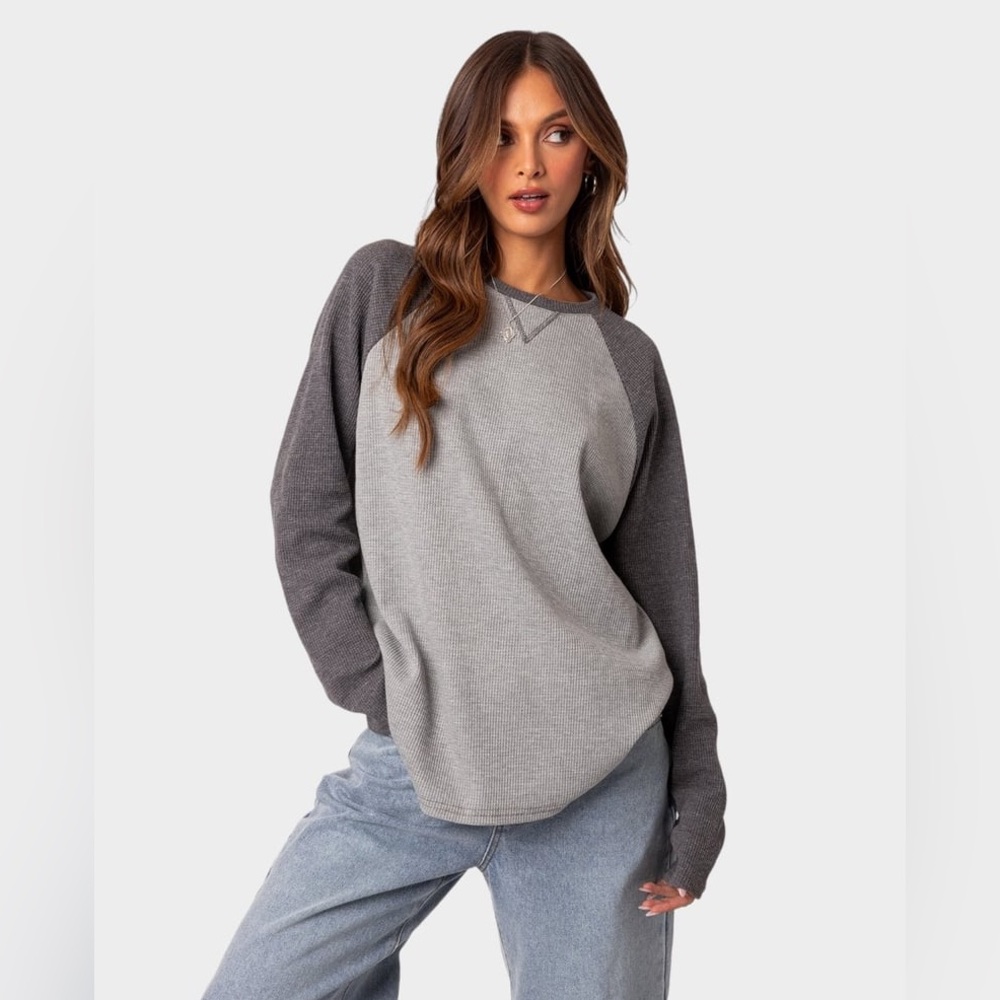 NWT Edikted Me Time Oversized Waffle Shirt | Woman’s |Light Grey/Dark Grey